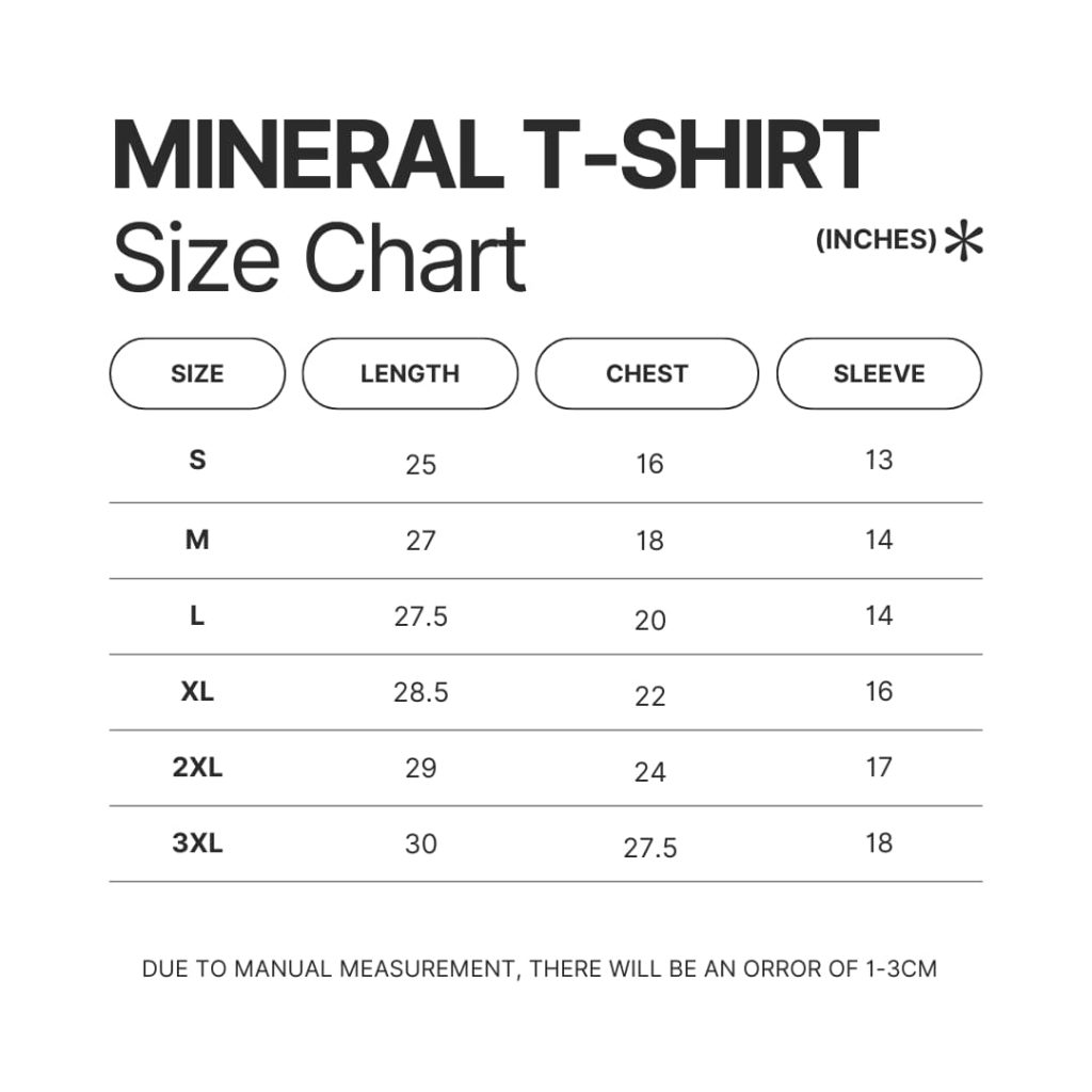 Mineral Wash T shirt Size Chart - Hunter X Hunter Store