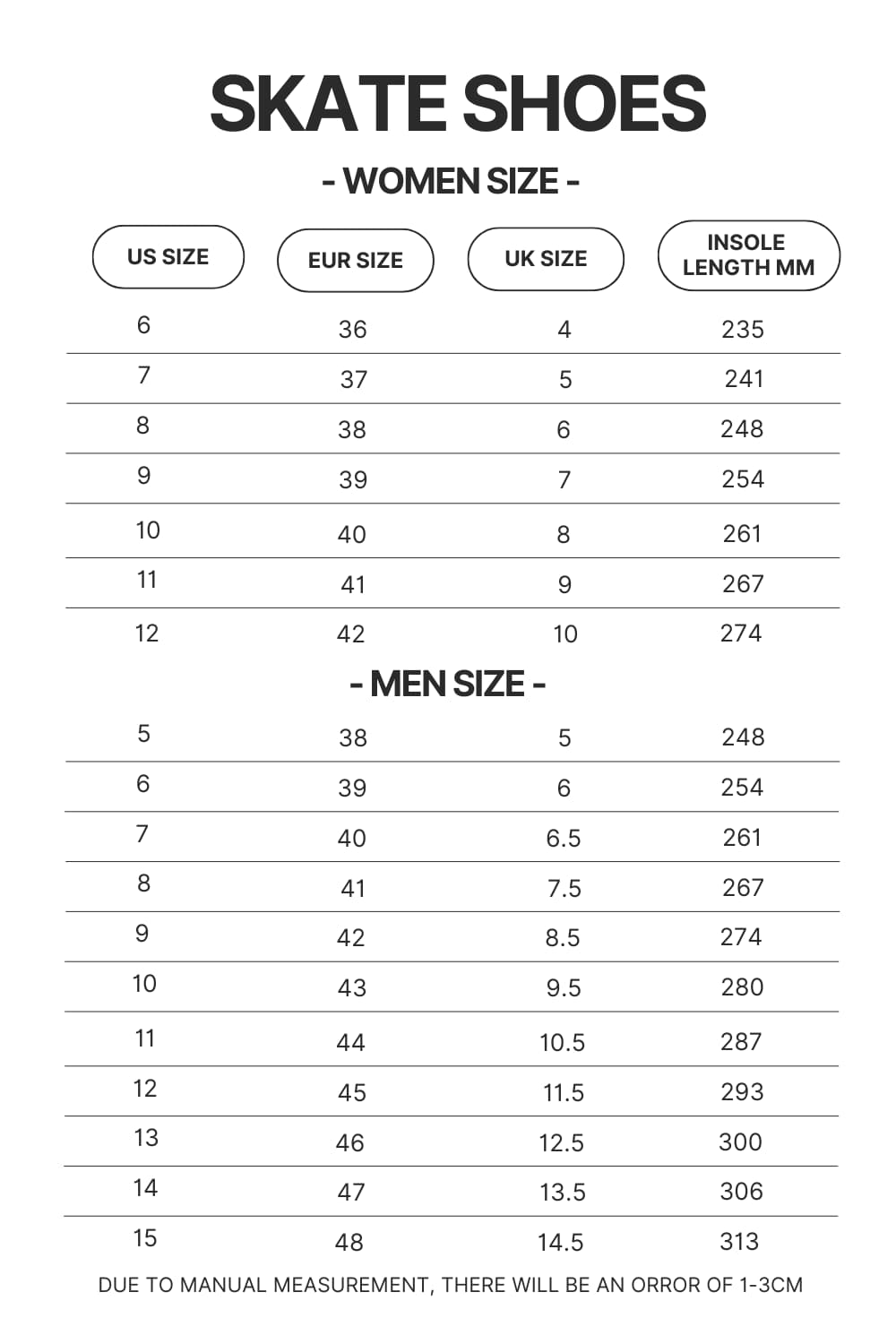 Skate Shoes Size Chart - Hunter X Hunter Store